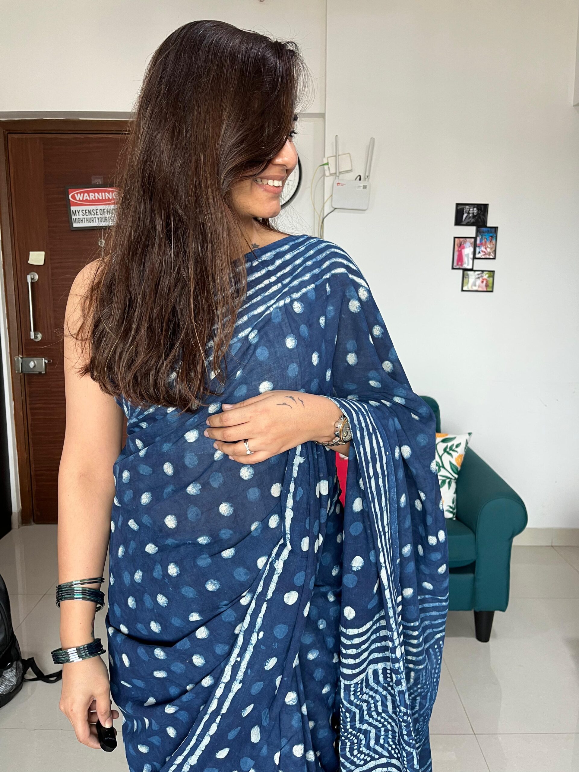 Indigo Bubbles Mulmul Cotton Saree | BlushSarees.in | - Image 4