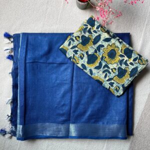 IndiBloom Indigo Blue Linen Cotton Saree | BlushSarees.in  |