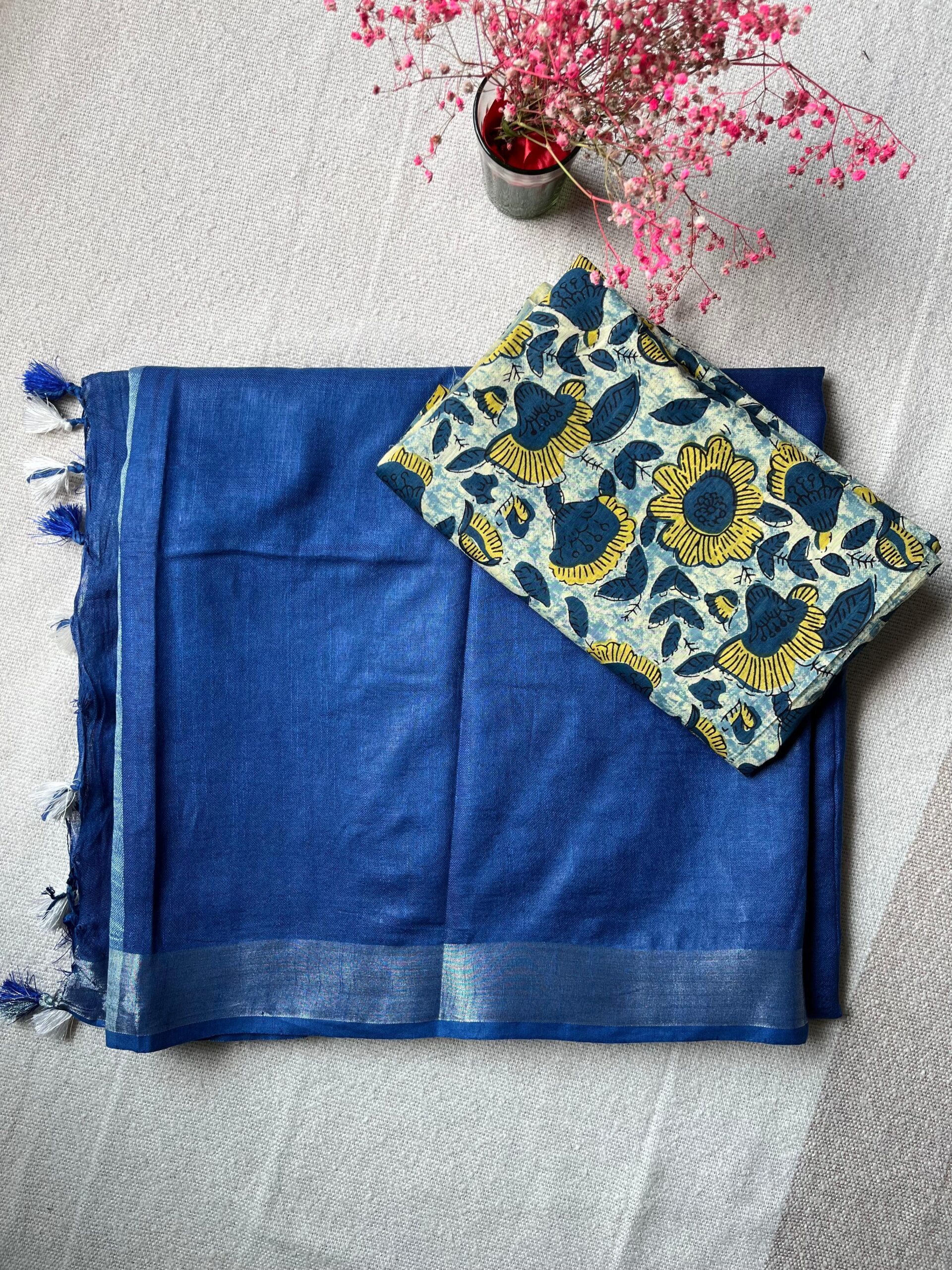 IndiBloom Indigo Blue Linen Cotton Saree | BlushSarees.in |
