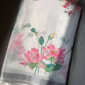 Lotus Whisper White Linen Cotton Saree | BlushSarees.in |