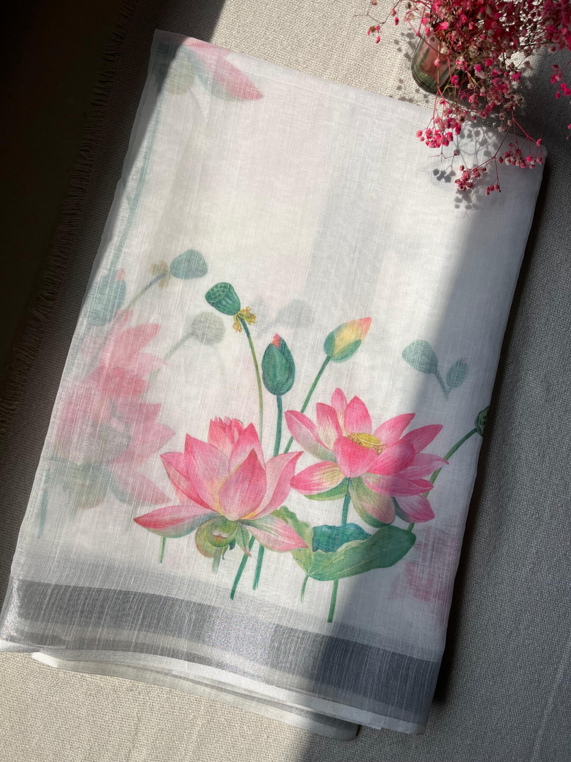 Lotus Whisper White Linen Cotton Saree | BlushSarees.in |
