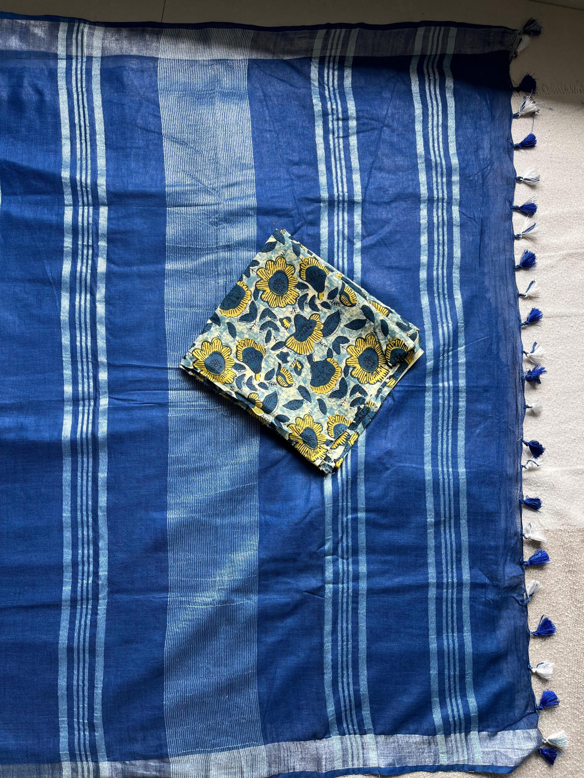 IndiBloom Indigo Blue Linen Cotton Saree | BlushSarees.in | - Image 2