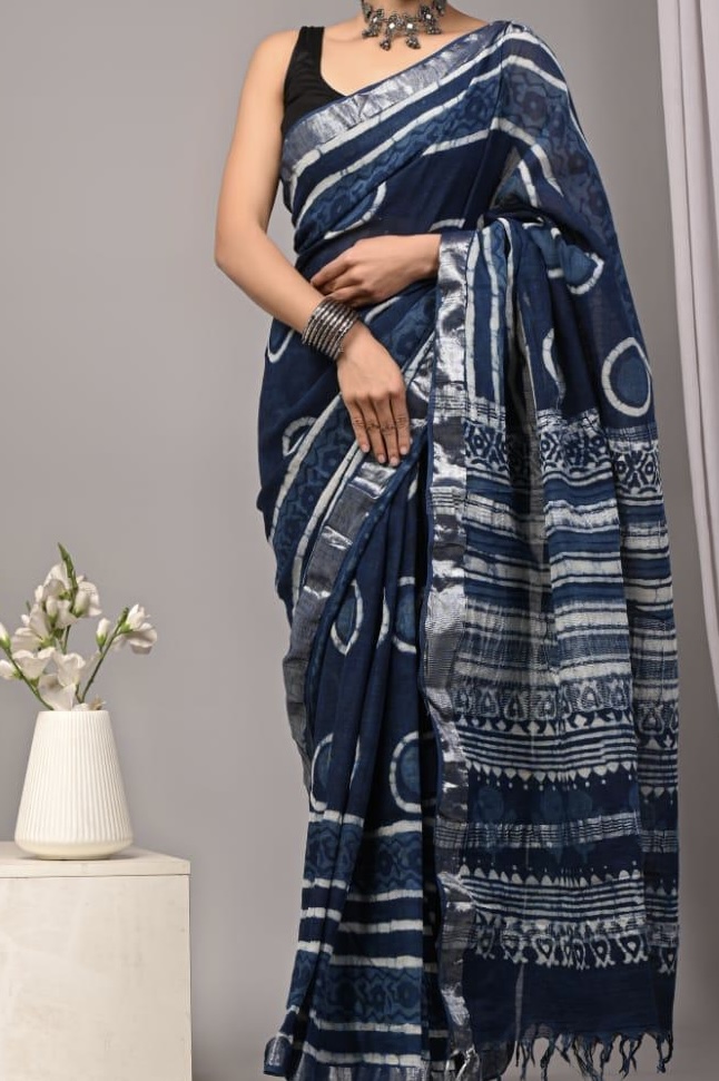 Neel Tara Indigo Linen Cotton Saree | BlushSarees.in | - Image 4
