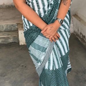 Mint Mirage Block Print Mulmul Cotton Saree | BlushSarees.in |