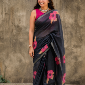 Midnight Blossom Linen Cotton Saree | BlushSarees.in |