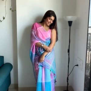 Cotton Candy Sky Linen Cotton Saree | BlushSarees.in |