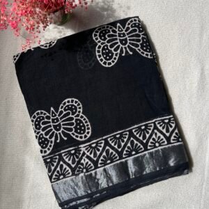 Butterfly Black Linen Cotton Saree | BlushSarees.in |